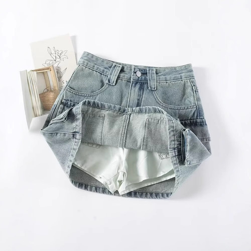 Vintage Americana Embroidered Denim A-Line Short Skirt for Women - Summer High-Waisted Booty Shorts with Side Slits
