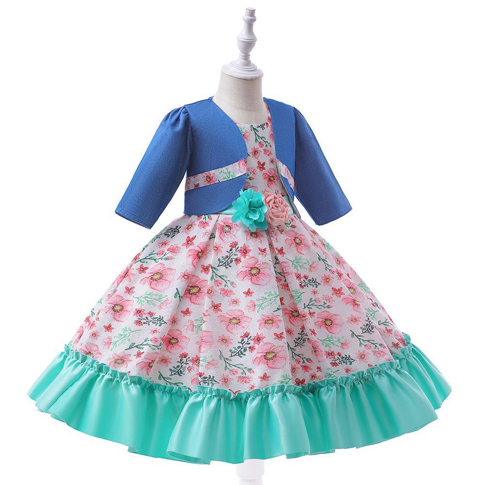 Vestido estampado de dos piezas para niñas de comercio exterior transfronterizo abrigo de manga larga fiesta de cumpleaños vestido de noche vestido de princesa