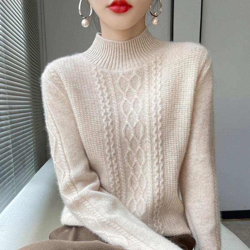 【 Cashmere Family 】 Half high neck short style diamond grid loose wool base women's thick knit sweater inner layer_voghion.com