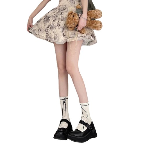 Spring and summer ribbon bow straps soft girl short JK college color-blocked calf socks Lolita white thin cotton socks