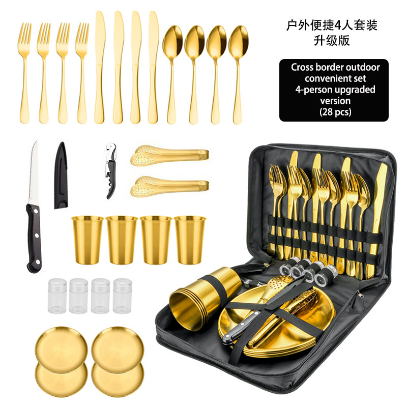 Cross-Border Stainless Steel Portable Tableware Set Outdoor Camping Picnic Knife Fork Spoon Cup Barbecue Plate Clip Travel Tableware Bag