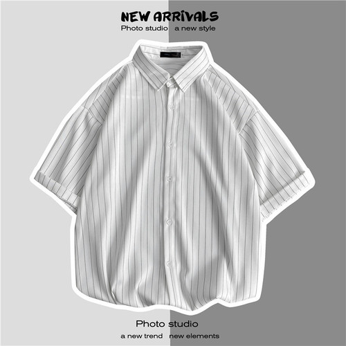 Japanese-style vertical striped short-sleeve men's summer thin casual shirt jacket, Hong Kong wind, loose, Korean trend