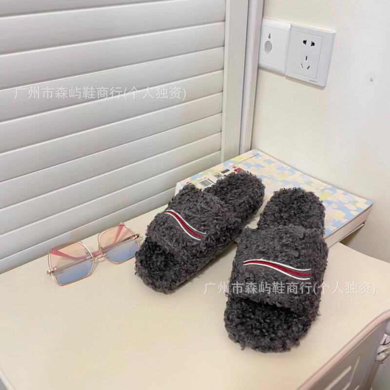 高バージョンパリファーリングスリッパ女性のアウターレター刺繍厚底ラムウール秋冬フラットスリッパ|undefined