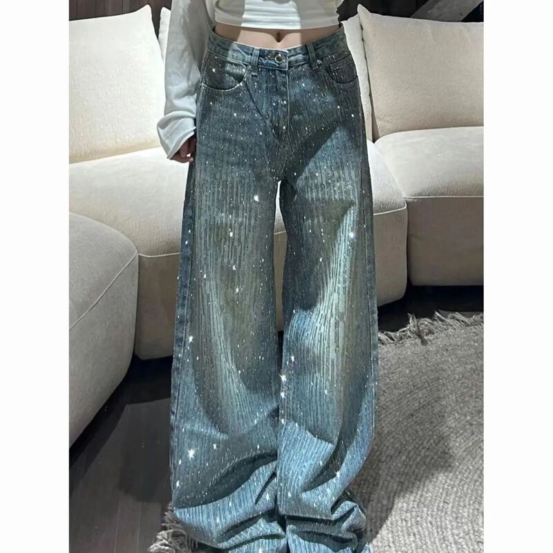 American-Style Sparkling Rhinestone-Studded Starry Sky Flare Jeans, High-Waisted, Slimming, Loose Straight-Leg Wide-Leg Floor-Length Pants