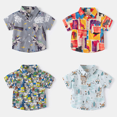 時尚童裝短袖襯衫批發2024新款韓版男童數碼印洋氣襯衣寶寶上衣潮