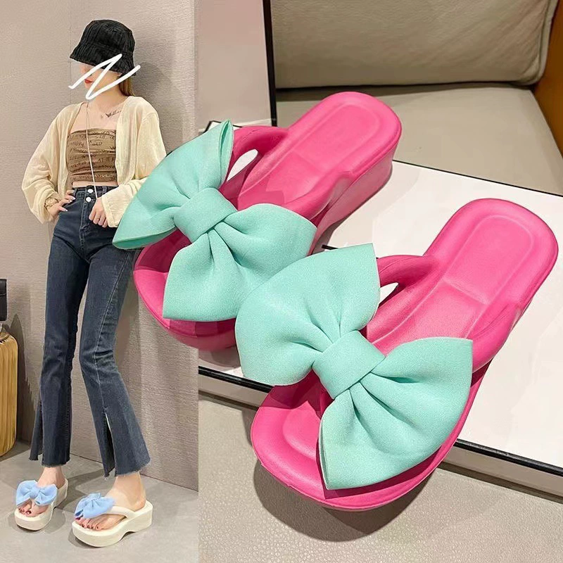 Летний EVA бант с уклоном с толстым подошвным шлепанцем женский нескользящий с мягким подошвением пляжные холодные тапочки оптом