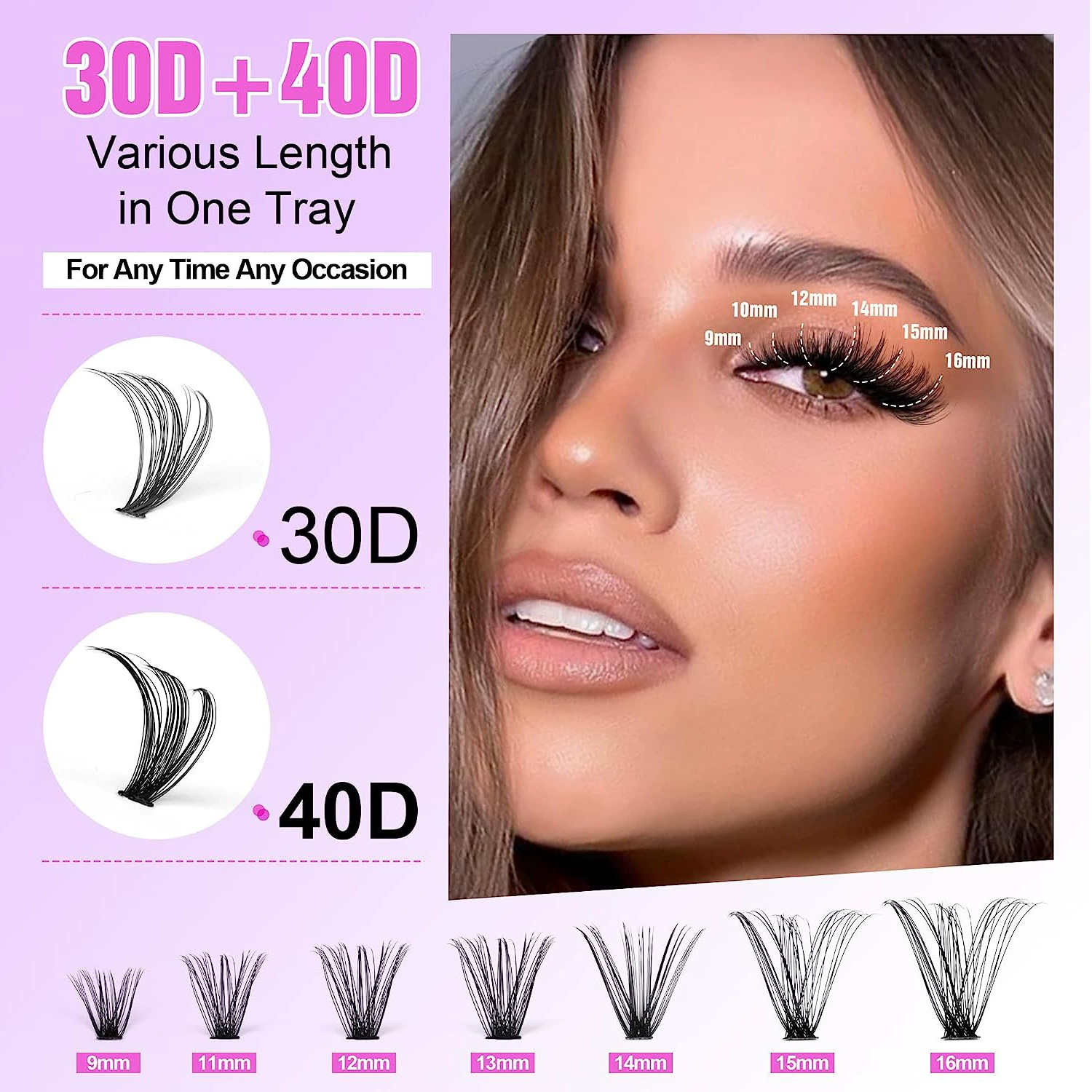 Набор для наращивания ресниц DIY Cluster Lashes, смешанные 30D/40D индивидуальные пучки, 12–14 рядов, пинцет и клей