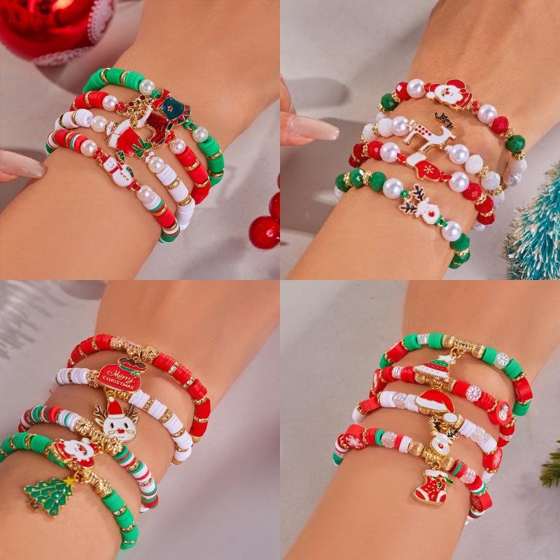 欧米風クリスマスクロスボーダーアクセサリー クリスマスカラフル編みサンタクロース クリスマスツリー ソフトクレイブレスレット クリスマスセット|undefined