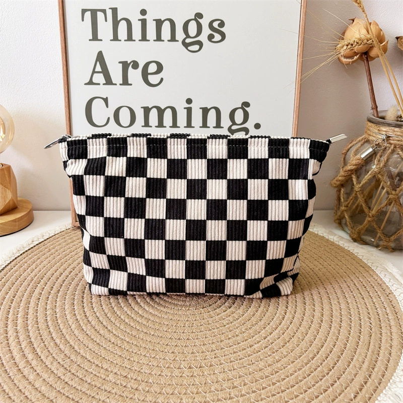 Косметичка из вельветовой ткани в клетку, сумка для хранения средств по уходу за кожей, портативная дорожная сумка для туалетных принадлежностей, большая вместимость