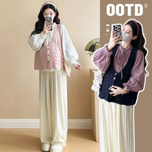孕妇套装2025春装新款法式甜美减龄泡泡袖上衣+针织马甲+阔腿裤