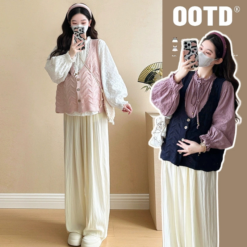 Набор для беременных 2025 весенний стиль новый французский сладкий минус рукав пузырьковый топ трикотажный жилет широкие брюки