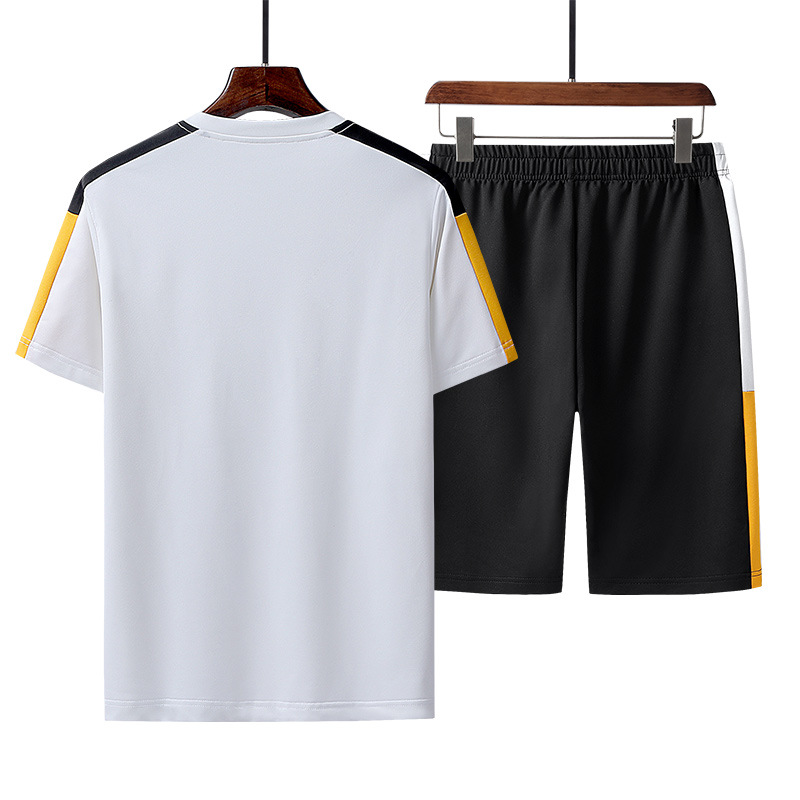 Traje de verano de dos piezas de los hombres ropa deportiva casual micro elástico ropa de correr de color cuello redondo manga corta Camiseta + Pantalones recortados color sólido