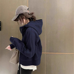 藏青色连帽外套女2025秋冬新款加绒修身拉链卫衣开衫运动短款上衣