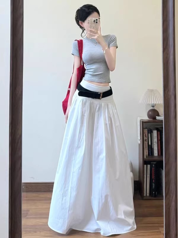 レトロ香港スタイルハイウエスト白スカート女性のための 2025 夏のファッション甘くてクールなホットガール A ラインロングスカート大きな裾傘スカート|undefined