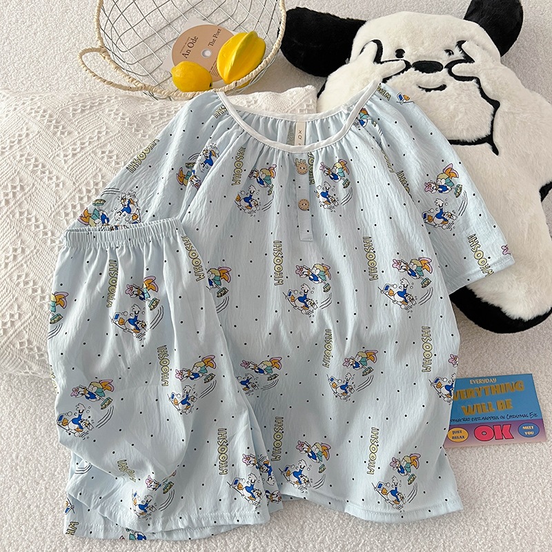 Primavera y verano nubes de algodón pijamas de mangas cortas de cuello redondo encantador dibujos animados de niña en ropa de casa dos piezas de pijamas