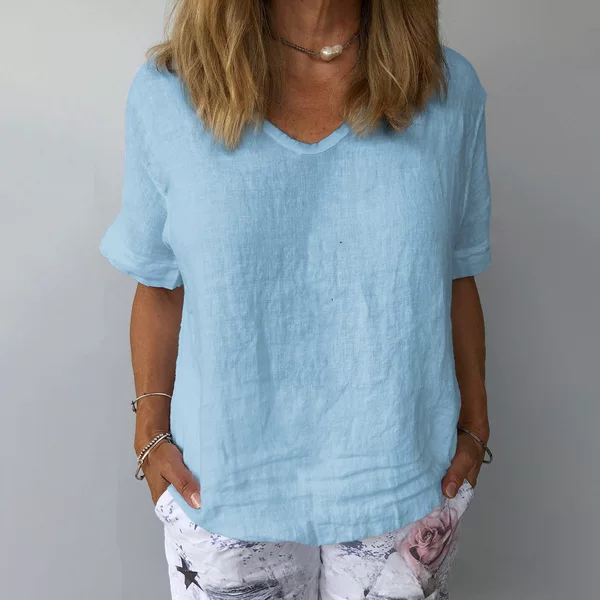 Amazon Independent Site European and American Short-Sleeved Cotton and Linen Loose Solid Color Casual Top Casual Versatile Light and Lazy