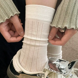白色夏季堆堆袜子女薄款中筒袜纯棉网眼透气芭蕾风灰色长筒袜夏天