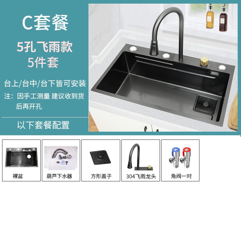 Cocina en cascada fregadero gran fregadero de un solo tanque grueso 304 acero inoxidable lavabo de platos lavabo doméstico