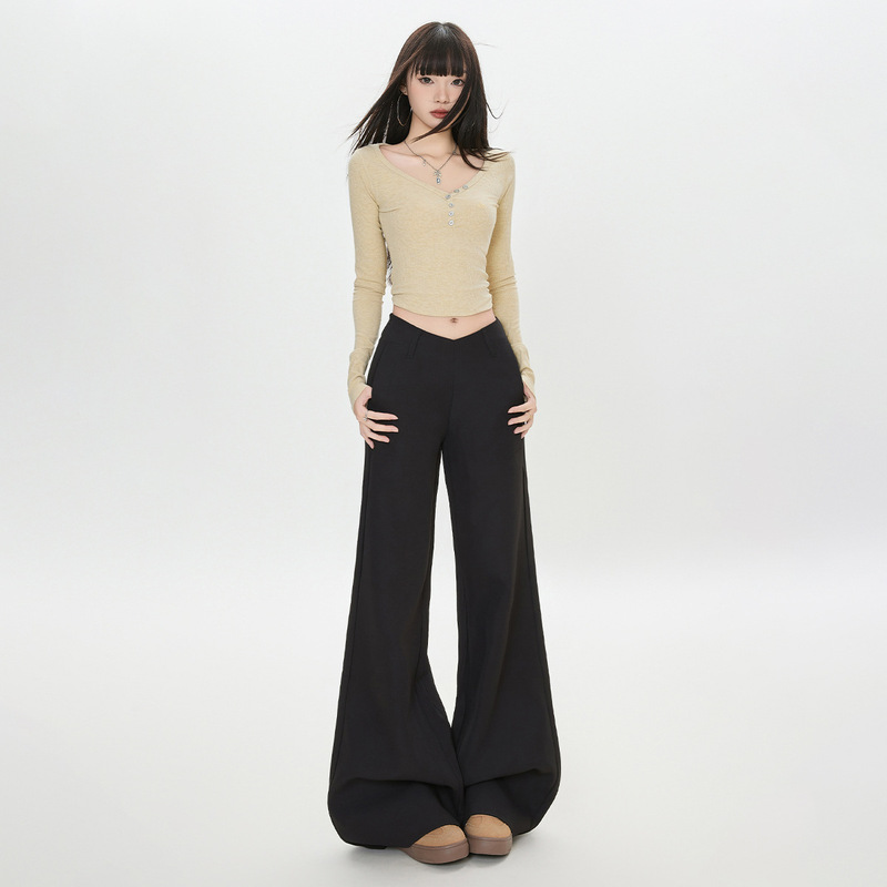 稚橘#美式高街辣妹V型腰微喇西裤女修身显瘦高级感百搭喇叭休闲裤|undefined
