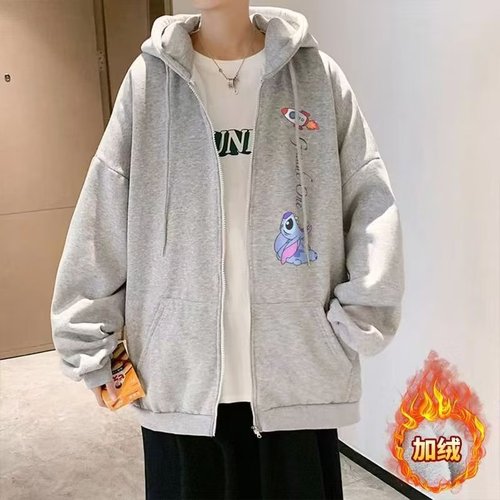 Chino Brand Zip-Up Hoodie with Fleece Outerwear for Men, Hong Kong Style, Ins Trendy, Youth Casual Cartoon Print Hooded Jacket