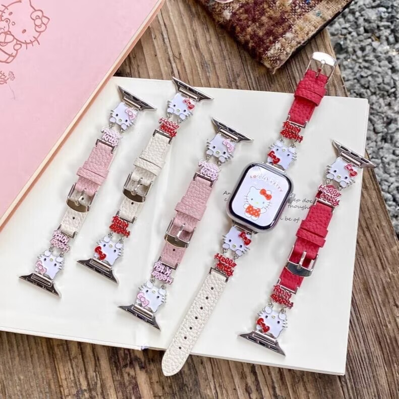 Autumn and Winter New Cute Kt Cat Head Metal Leather Iwatchs10 Strap Suitable for Apple S11 Watch Light Luxury