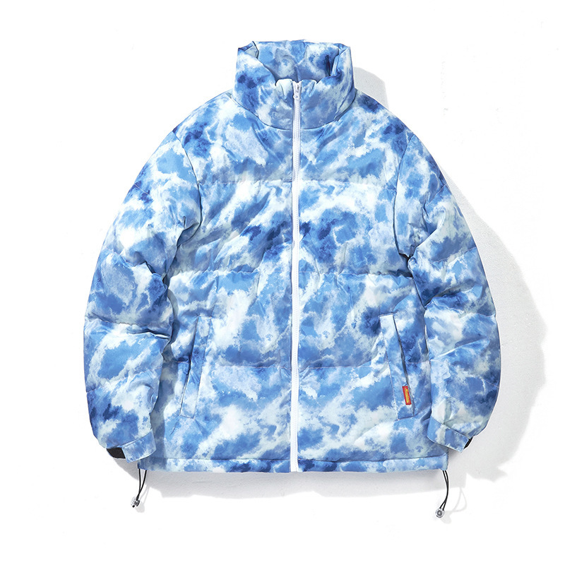 Tie-Dye Stand Collar Puffer Jacket – Unisex Winter Coat With Color-Blocked Design (Blue/Brown)_voghion.com