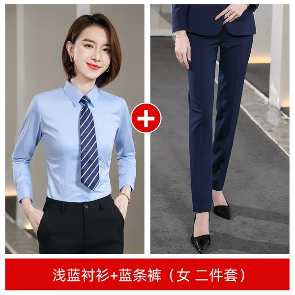 Ms.: Light blue shirt+blue trousers