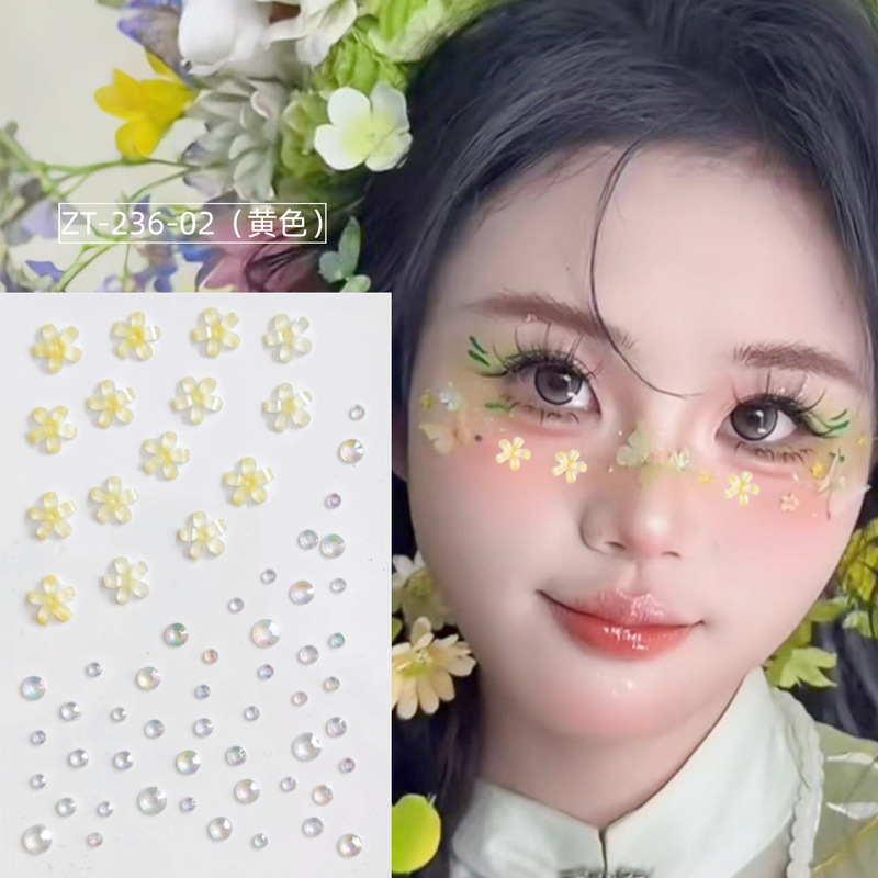 Explosions mini small flower face stickers jewelry ice through five petals of flowers spring sweet holiday makeup eye makeup diamond stickers wholesale