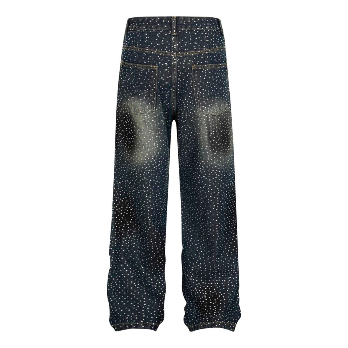 Retro American Chinese Style Couple Jeans Loose Wide Leg Floor Length Trousers With Rhinestones And Sparkles For Men Spring Autumn_mkmklike.com