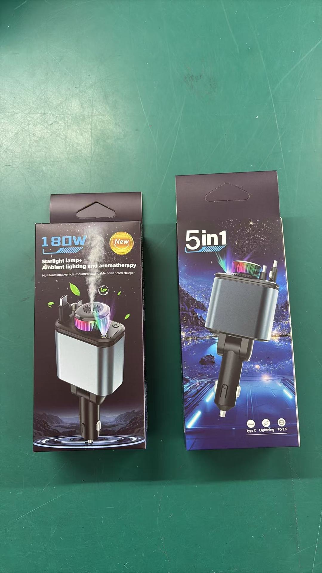 Car fast charger with starry sky light, ambient light, aromatherapy diffuser, Bluetooth MP3 player, retractable data cable