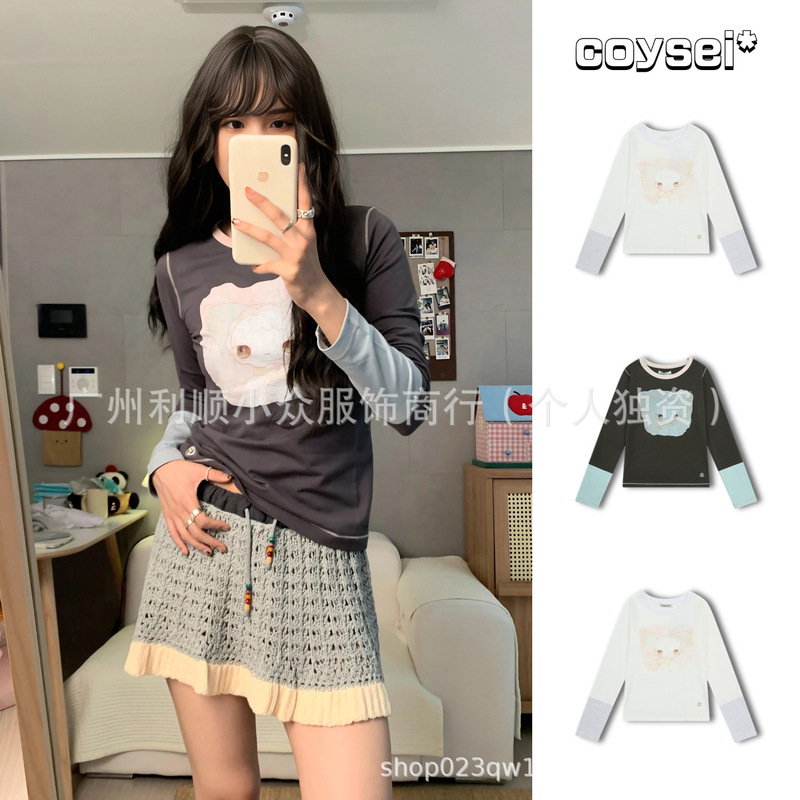 [in Stock] Korean Coysei* Long-Sleeved T-Shirt for Women, Short, Loose, Cute Cartoon Bottoming Shirt, Spring & Fall Tops