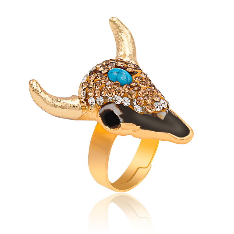 Alloy Material Exaggerated Bull Head Alloy Inlay Turquoise Rhinestones Unisex Open Ring