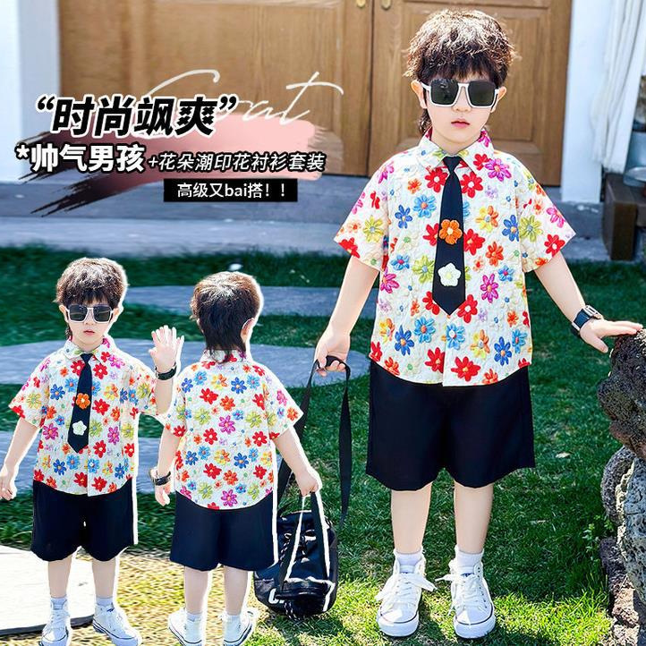 7957 Traje para niños 2025 verano nuevo estilo niño camisa de flores de moda coreana de manga corta ropa de verano de dos piezas