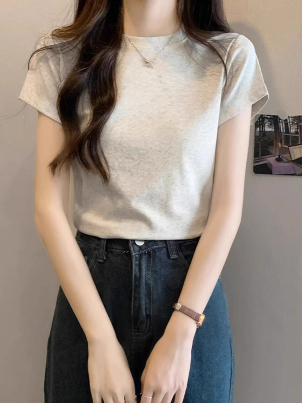 デザインニッチな右肩ピュアコットン半袖Tシャツレディース夏新作プリントスリムラウンドネックグレートップトレンディ|undefined