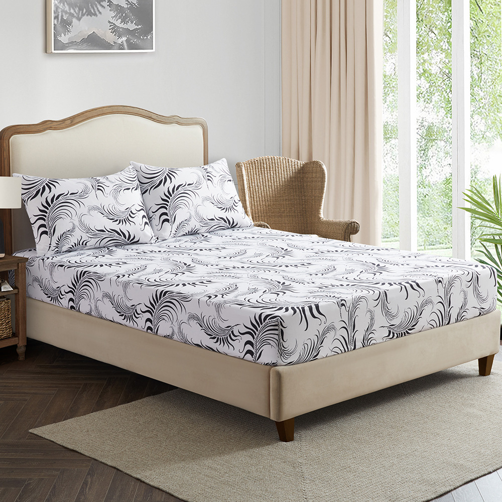 Lenzuolo con angoli con stampa di piume bianche e nere - Copriletto in poliestere stampato in 3D con design artistico - Set di biancheria da letto di lusso moderno_voghion.com