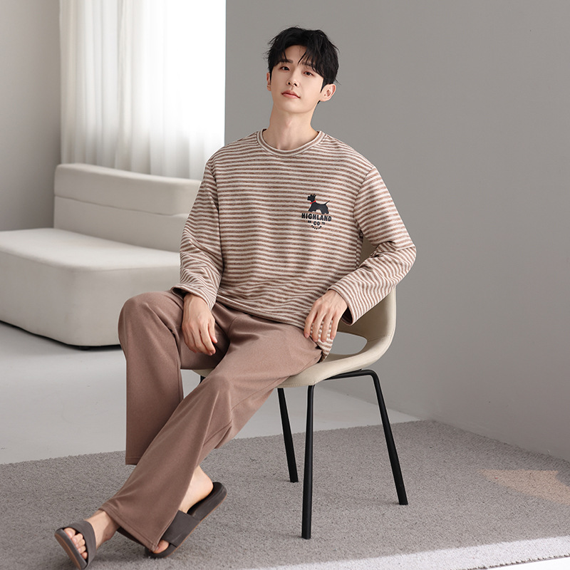 Derong Warm Winter New Derong Yarn-Dyed Stripesd Round Neck Pullover Pajamas Men's Casual Home Wear Set High-End
