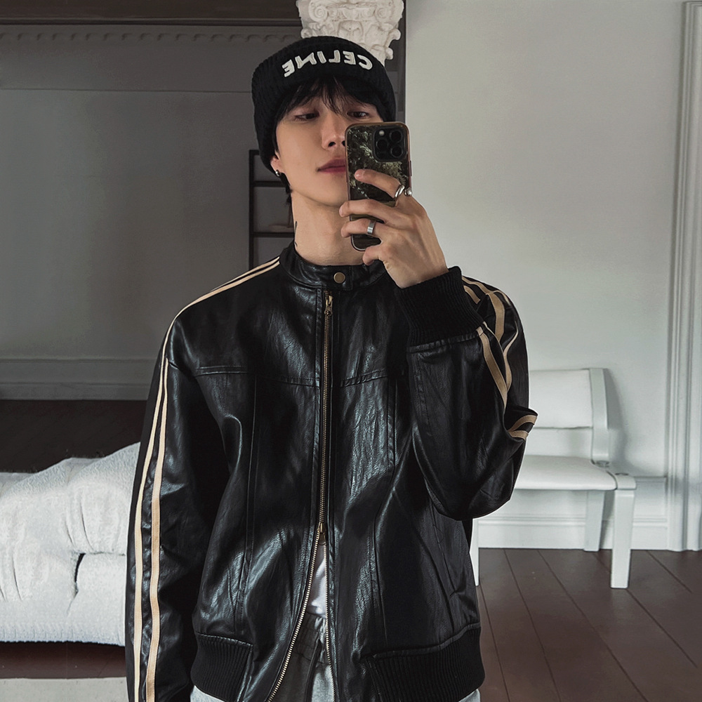 美ラード風皮上着男性春秋ゆるい立襟上着韓国版トレンド機関車革ジャケット潮