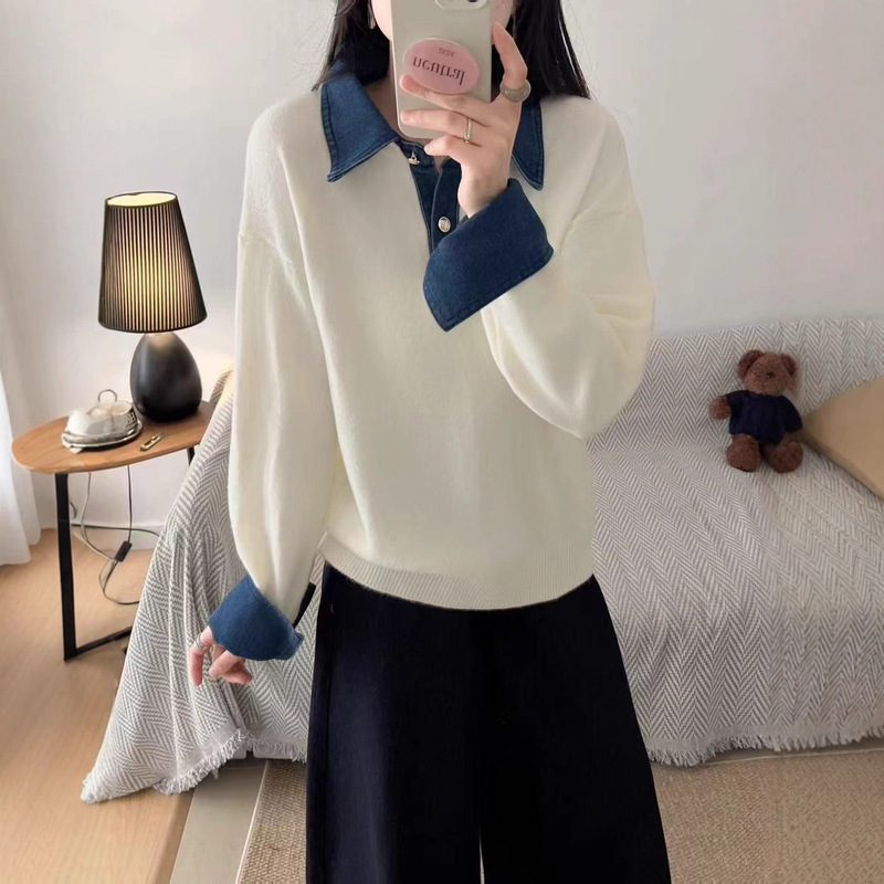 Fake two-piece patchwork pullover knit sweater for women, 2026 new autumn style, loose casual top with a relaxed vibe, trendy Fake two-piece patchwork pullover knit sweater for women, 2026 new autumn style, loose casual top with a relaxed vibe, trendy
