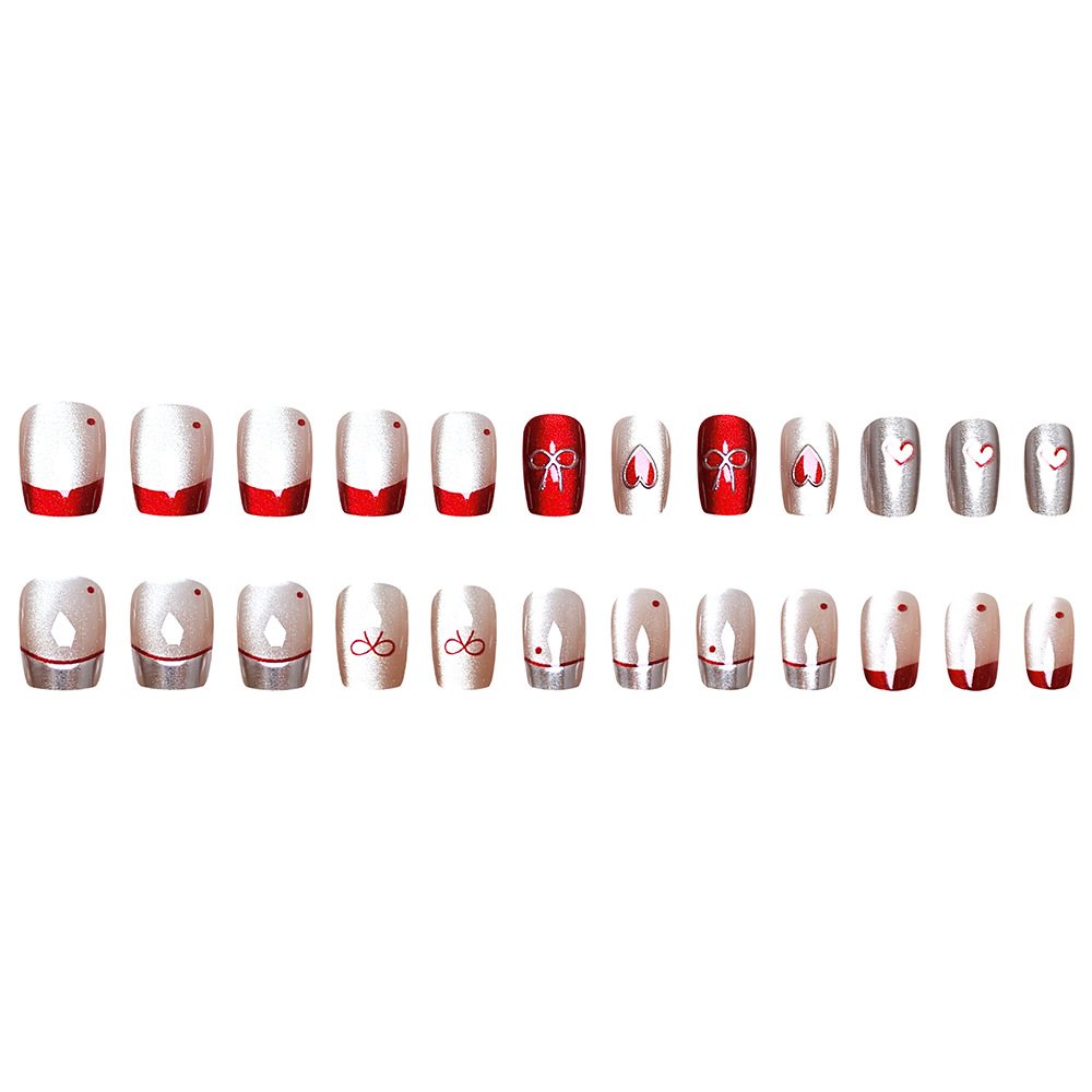 Ojos de gato 3D estereoscópicos de uñas cortas doradas de amor rojo arco de mariposa manicure 24 piezas parches de uñas falsas francesas