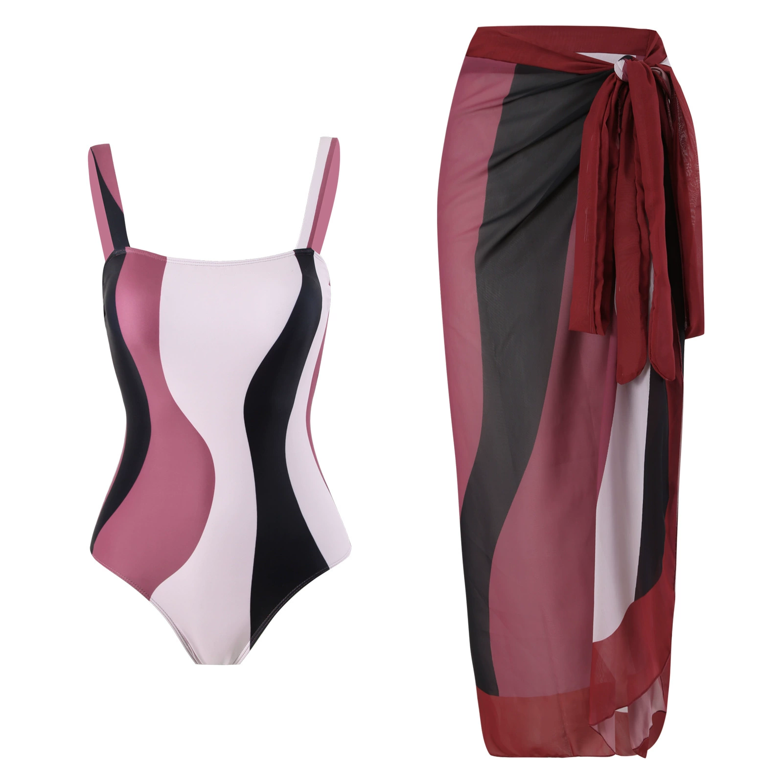 One-Piece Swimsuit (Qiao Jiayuan) 2025 Retro Style with Wrap Skirt, Crane Print, S–XL & One Size