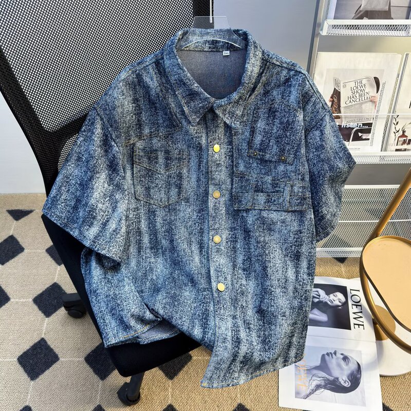 American Retro Blue Denim Jacket Summer Cool Distressed Tie-Dye Design Shirt Men's Shoulder-Padded Short-Sleeved T-Shirt American Retro Blue Denim Jacket Summer Cool Distressed Tie-Dye Design Shirt Men's Shoulder-Padded Short-Sleeved T-Shirt