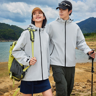 Men's Mountaineering Clothing, Windproof Spring and Autumn Clothing, Camping Style Outdoor Hooded Jacket, Printed Windbreaker, Women's Work Jacket, Single Layer Thin Style