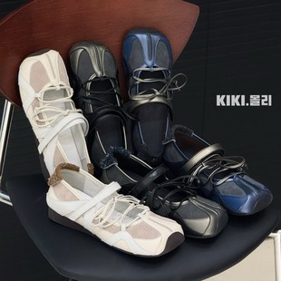 Functional Style Square-toe Ballet Shoes Women's 2025 Summer New All-match Cross Strap Velcro Shallow Mouth Mary Jane Shoes