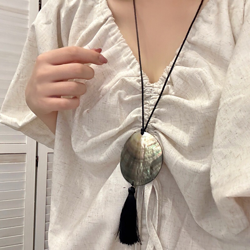 简约清新手工天然贝壳流苏吊坠抽绳项链高级感复古休闲百搭项链女|undefined