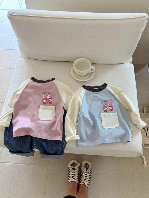 纯棉新款儿童撞色长袖卡通口袋拉布布男女童洋气T恤印花小童上衣|undefined