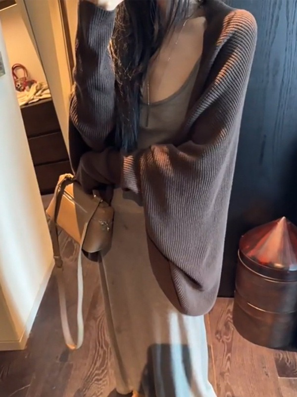槿一 绵羊毛混纺蝙蝠袖慵懒风气质针织开衫女秋季百搭休闲外套潮|undefined