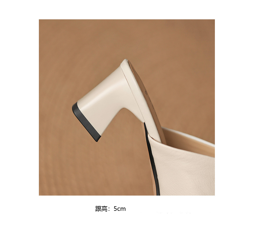 Sandal nữ bít mũi hở gót cao gót thô 5 cm, da bò mùa xuân hè — đen chi tiết 17
