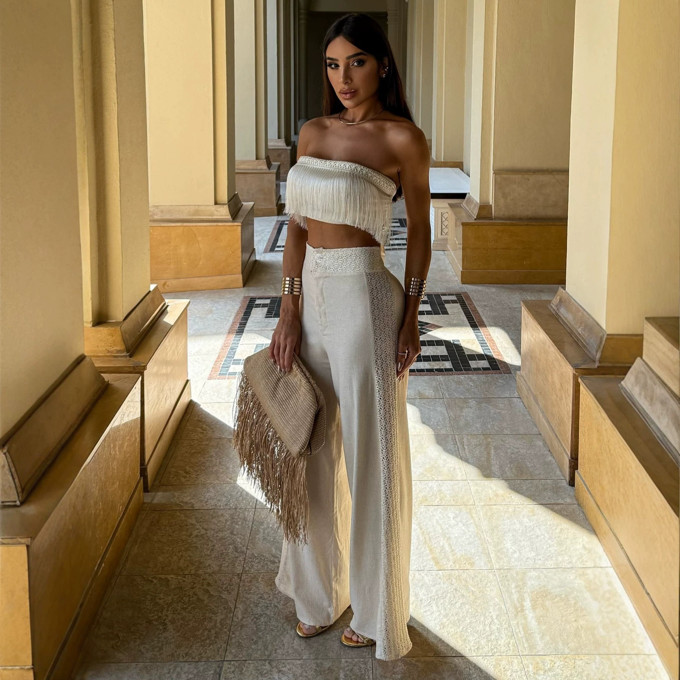 European and American Cross-Border Women's Fashion New Sexy Tube Top Tassel Top Lace Pants Set