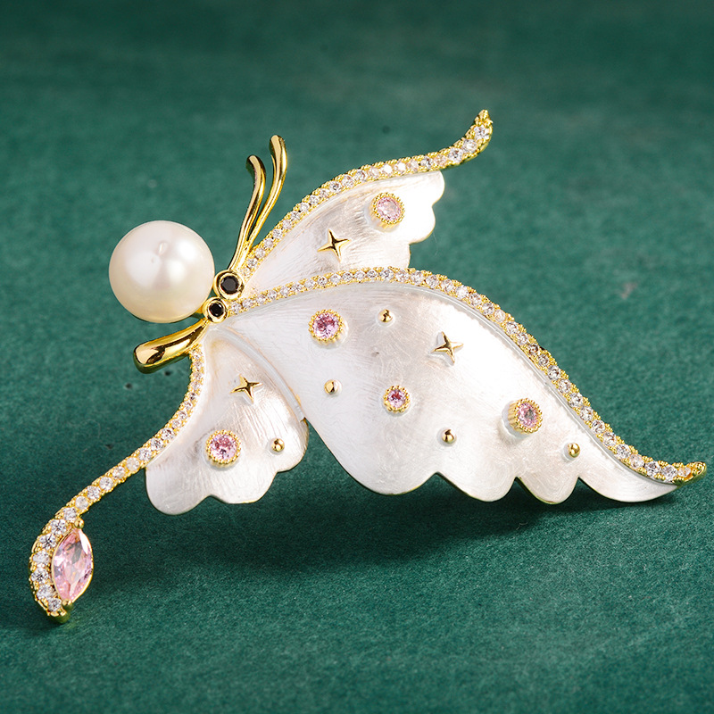 Brooch for Women, Classy Enamel Butterfly Brooch, Pearl Fashion Suit Hat Accessories Insect Pin