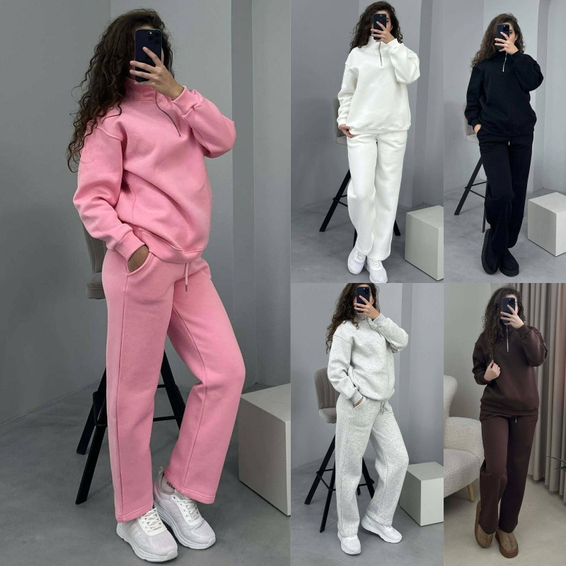 2025 European and American Cross-Border Autumn and Winter Women's Half-Zip Velvet Sweatshirt Wide-Leg Pants Suit Sports Sweatshirt Two-Piece Set